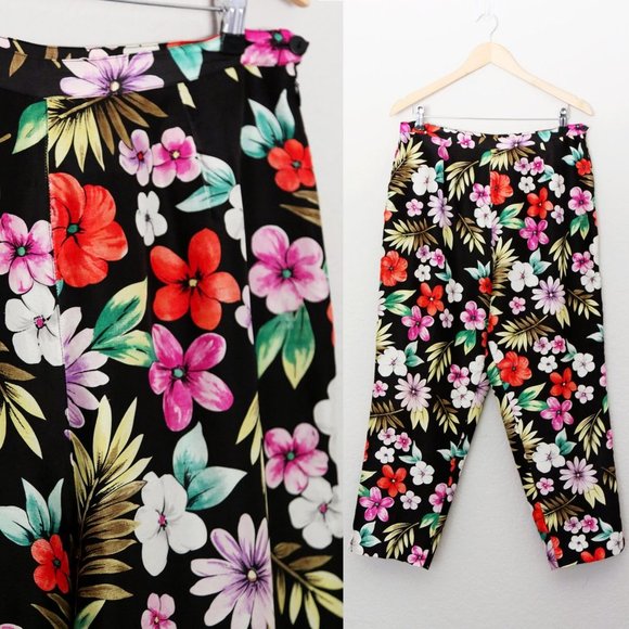Silkland Women's 12 100% Pure Silk Tropical Vibrant Colorful Floral Pant Black - Picture 1 of 14